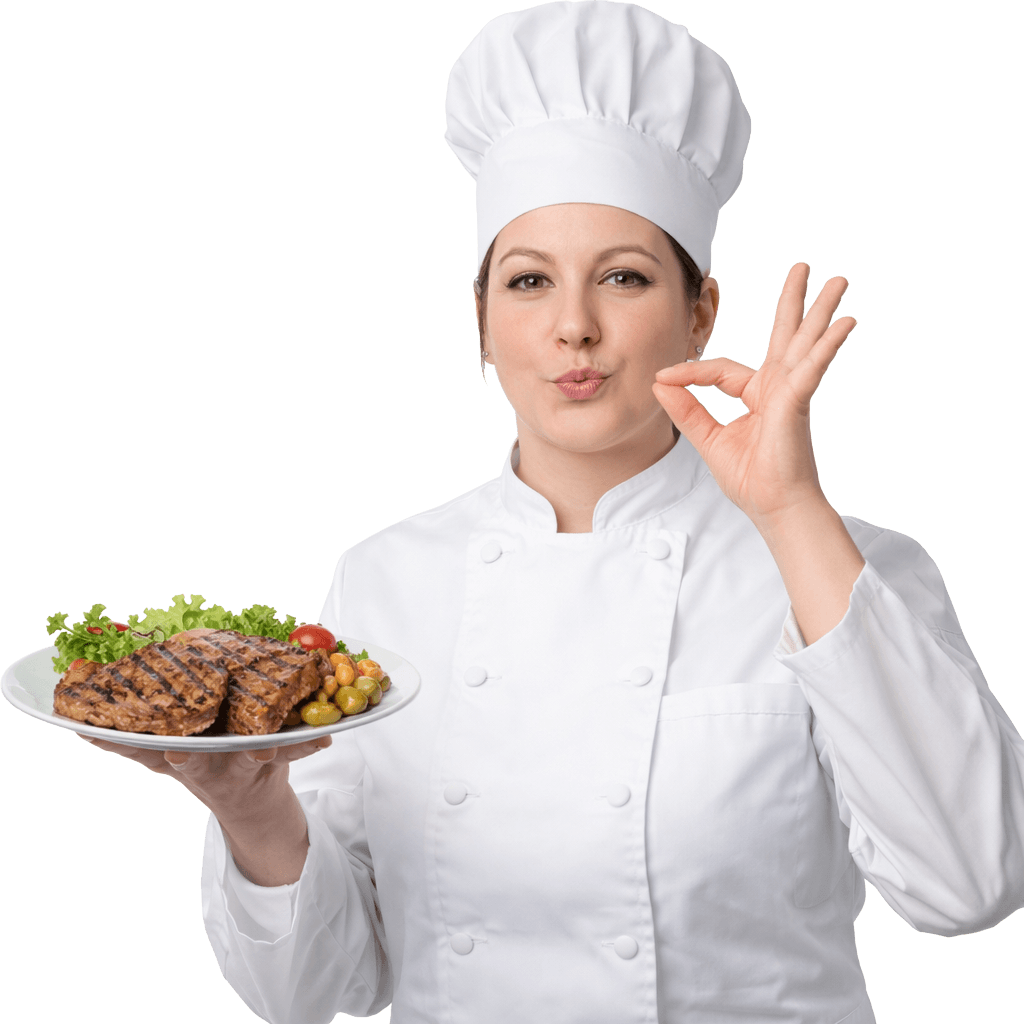 Chef Harper presenting hearty meat dishes in a professional kitchen