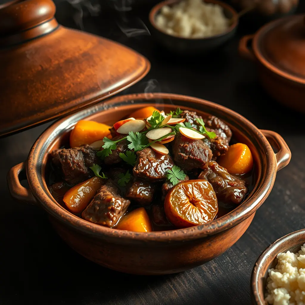 Slow-Cooked Beef Tagine Moroccan Style with Apricots and Almonds