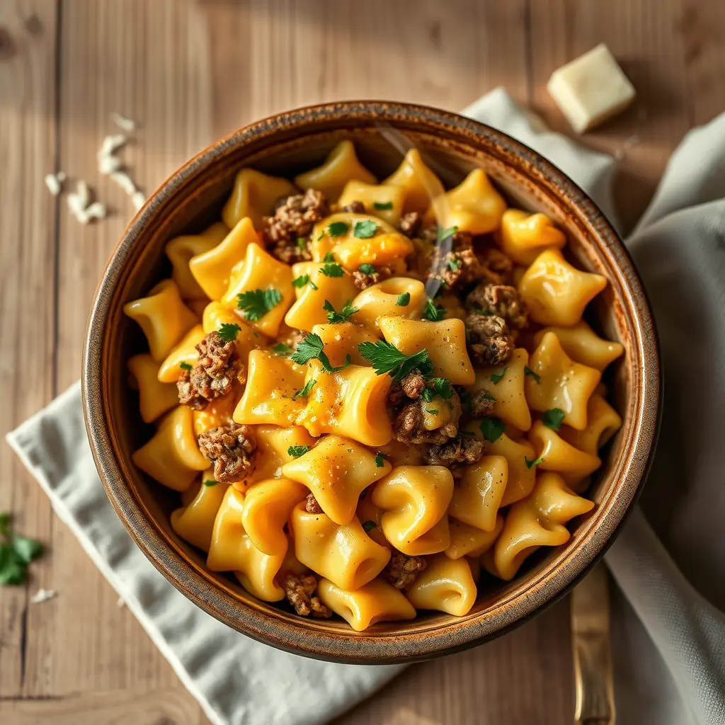 Hearty Cheesy Bowtie Pasta with Garlic Beef