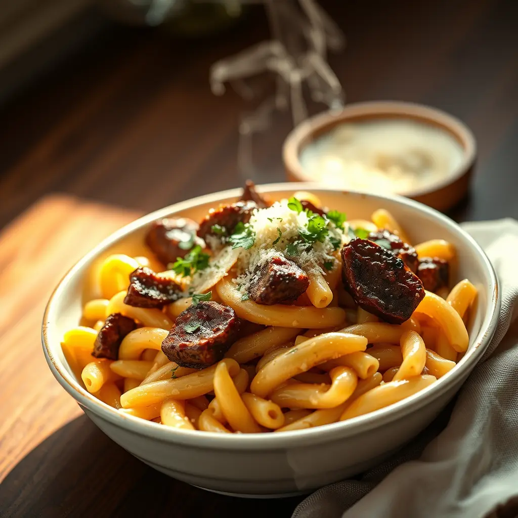 Irresistible Steak Rigatoni with Creamy Garlic Butter Sauce